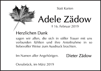 Traueranzeige von Adele Zädow von Neue Osnabrücker Zeitung GmbH & Co. KG