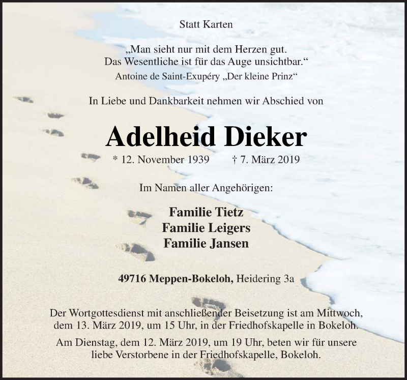  Traueranzeige für Adelheid Dieker vom 11.03.2019 aus Neue Osnabrücker Zeitung GmbH & Co. KG