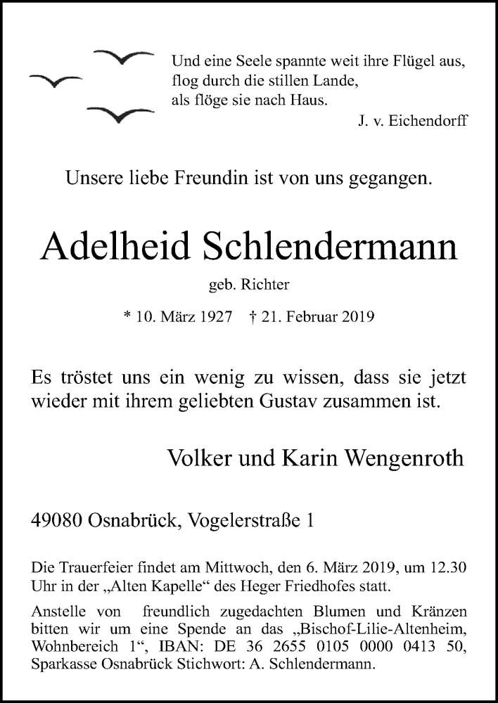  Traueranzeige für Adelheid Schlendermann vom 02.03.2019 aus Neue Osnabrücker Zeitung GmbH & Co. KG