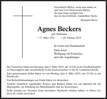 Traueranzeige von Agnes Beckers von Neue Osnabrücker Zeitung GmbH & Co. KG