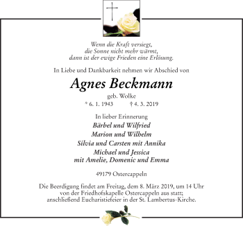 Traueranzeige von Agnes Beckmann von Neue Osnabrücker Zeitung GmbH & Co. KG
