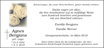 Traueranzeige von Agnes Bergjans von Neue Osnabrücker Zeitung GmbH & Co. KG