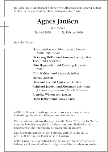 Traueranzeige von Agnes Janßen von Neue Osnabrücker Zeitung GmbH & Co. KG