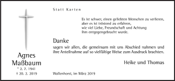 Traueranzeige von Agnes Maßbaum von Neue Osnabrücker Zeitung GmbH & Co. KG