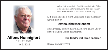 Traueranzeige von Alfons Honnigfort von Neue Osnabrücker Zeitung GmbH & Co. KG