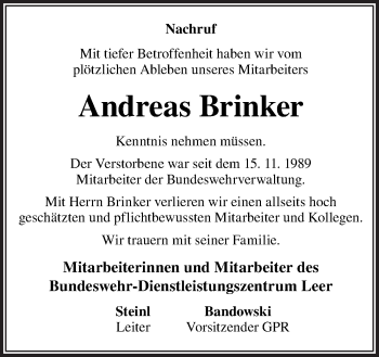 Traueranzeige von Andreas Brinker von Neue Osnabrücker Zeitung GmbH & Co. KG