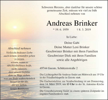 Traueranzeige von Andreas Brinker von Neue Osnabrücker Zeitung GmbH & Co. KG