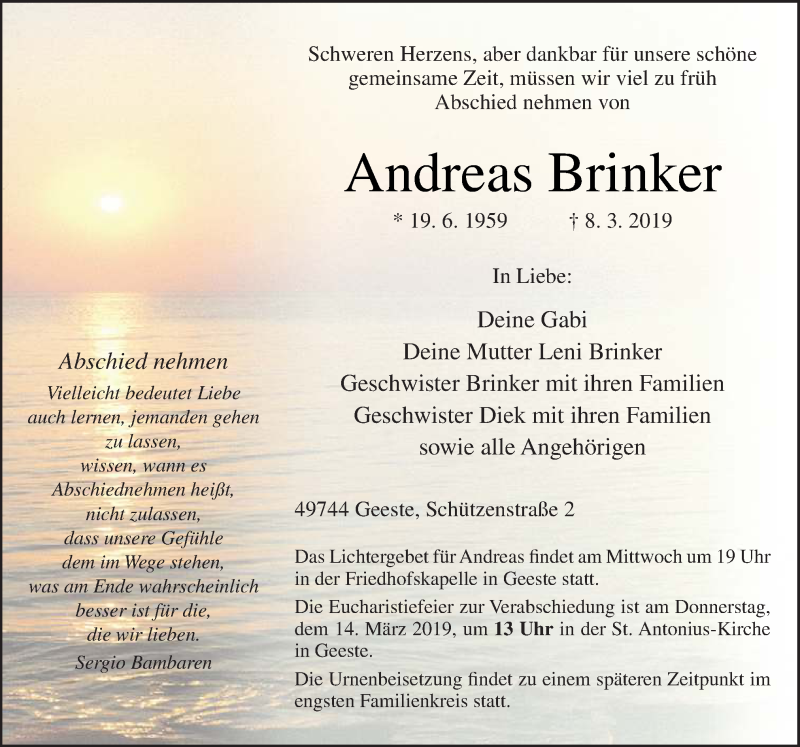  Traueranzeige für Andreas Brinker vom 11.03.2019 aus Neue Osnabrücker Zeitung GmbH & Co. KG