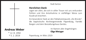 Traueranzeige von Andreas Weber von Neue Osnabrücker Zeitung GmbH & Co. KG