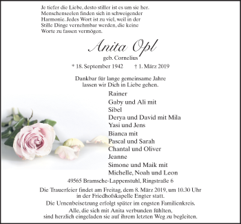 Traueranzeige von Anita Opl von Neue Osnabrücker Zeitung GmbH & Co. KG