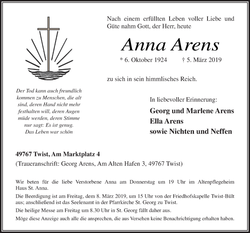  Traueranzeige für Anna Arens vom 07.03.2019 aus Neue Osnabrücker Zeitung GmbH & Co. KG