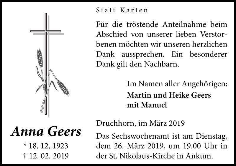 Traueranzeigen von Anna Geers | noz Trauerportal