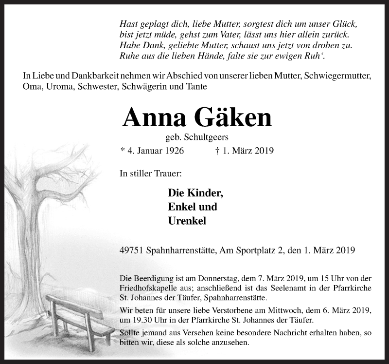  Traueranzeige für Anna Gäken vom 05.03.2019 aus Neue Osnabrücker Zeitung GmbH & Co. KG