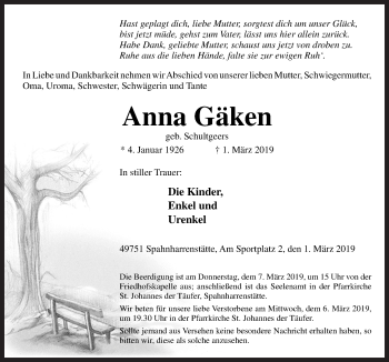 Traueranzeige von Anna Gäken von Neue Osnabrücker Zeitung GmbH & Co. KG