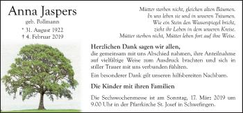 Traueranzeige von Anna Jaspers von Neue Osnabrücker Zeitung GmbH & Co. KG