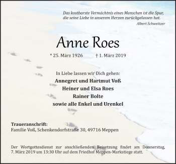 Traueranzeige von Anne Roes von Neue Osnabrücker Zeitung GmbH & Co. KG