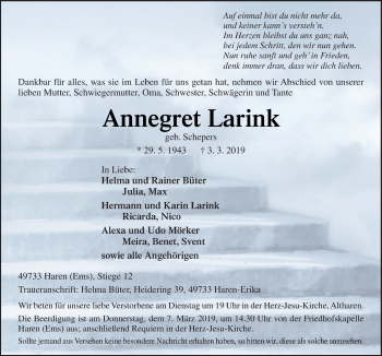 Traueranzeige von Annegret Larink von Neue Osnabrücker Zeitung GmbH & Co. KG