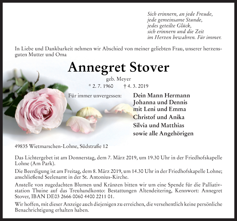  Traueranzeige für Annegret Stover vom 06.03.2019 aus Neue Osnabrücker Zeitung GmbH & Co. KG