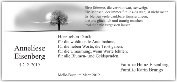 Traueranzeige von Anneliese Eisenberg von Neue Osnabrücker Zeitung GmbH & Co. KG