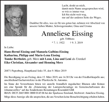 Traueranzeige von Anneliese Eissing von Neue Osnabrücker Zeitung GmbH & Co. KG
