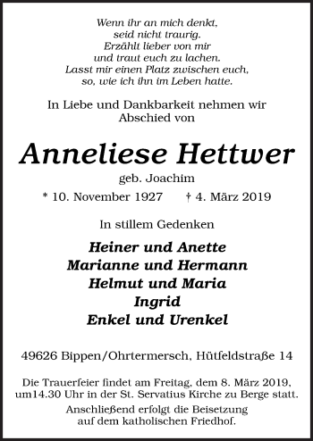 Traueranzeige von Anneliese Hettwer von Neue Osnabrücker Zeitung GmbH & Co. KG