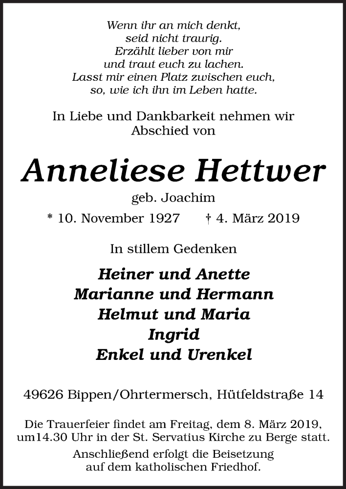  Traueranzeige für Anneliese Hettwer vom 06.03.2019 aus Neue Osnabrücker Zeitung GmbH & Co. KG