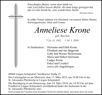 Traueranzeige von Anneliese Krone von Neue Osnabrücker Zeitung GmbH & Co. KG