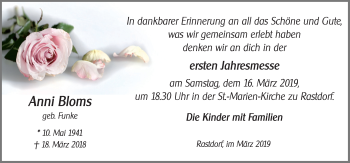 Traueranzeige von Anni Bloms von Neue Osnabrücker Zeitung GmbH & Co. KG