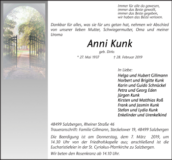 Traueranzeige von Anni Kunk von Neue Osnabrücker Zeitung GmbH & Co. KG