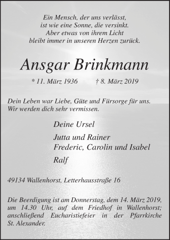 Traueranzeige von Ansgar  Brinkmann von Neue Osnabrücker Zeitung GmbH & Co. KG