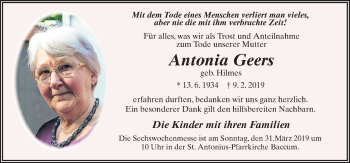 Traueranzeige von Antonia Geers von Neue Osnabrücker Zeitung GmbH & Co. KG