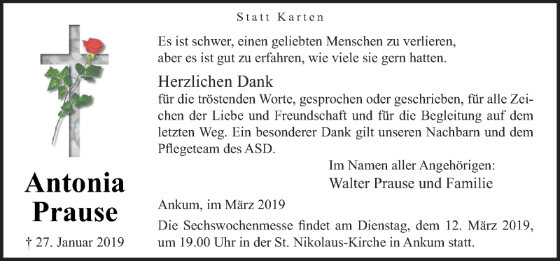 Traueranzeige für Antonia Prause vom 09.03.2019 aus Neue Osnabrücker Zeitung GmbH & Co. KG