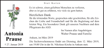 Traueranzeige von Antonia Prause von Neue Osnabrücker Zeitung GmbH & Co. KG