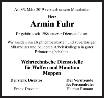 Traueranzeige von Armin Fuhr von Neue Osnabrücker Zeitung GmbH & Co. KG