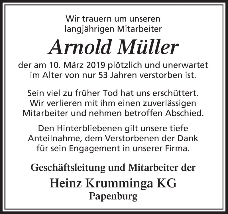  Traueranzeige für Arnold Müller vom 25.03.2019 aus Neue Osnabrücker Zeitung GmbH & Co. KG