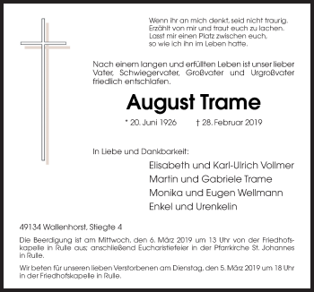 Traueranzeige von August Trame von Neue Osnabrücker Zeitung GmbH & Co. KG