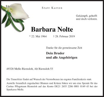 Traueranzeige von Barbara Nolte von Neue Osnabrücker Zeitung GmbH & Co. KG
