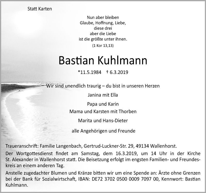  Traueranzeige für Bastian Kuhlmann vom 13.03.2019 aus Neue Osnabrücker Zeitung GmbH & Co. KG