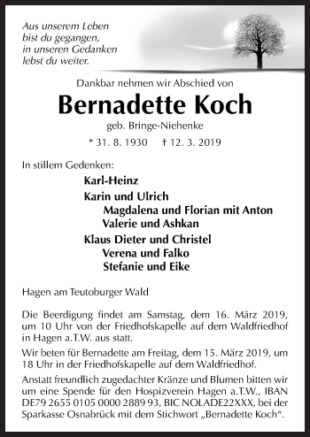 Traueranzeige von Bernadette Koch von Neue Osnabrücker Zeitung GmbH & Co. KG