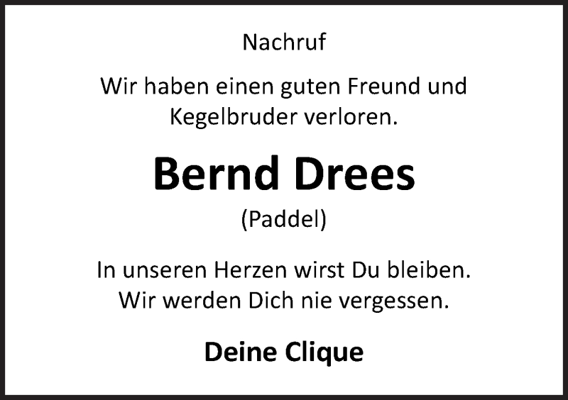  Traueranzeige für Bernd Drees vom 02.03.2019 aus Neue Osnabrücker Zeitung GmbH & Co. KG