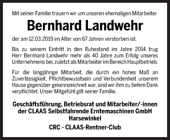 Traueranzeige von Bernhard Landwehr von Neue Osnabrücker Zeitung GmbH & Co. KG