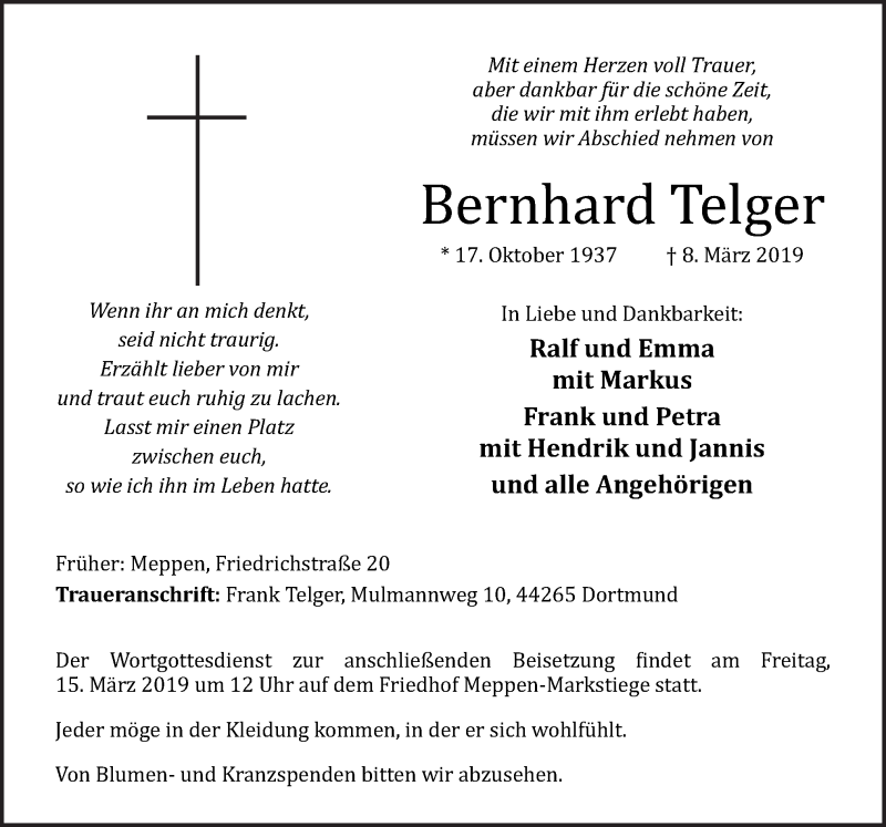  Traueranzeige für Bernhard Telger vom 13.03.2019 aus Neue Osnabrücker Zeitung GmbH & Co. KG