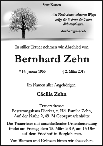 Traueranzeige von Bernhard Zehn von Neue Osnabrücker Zeitung GmbH & Co. KG