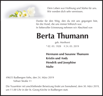 Traueranzeige von Berta Thumann von Neue Osnabrücker Zeitung GmbH & Co. KG