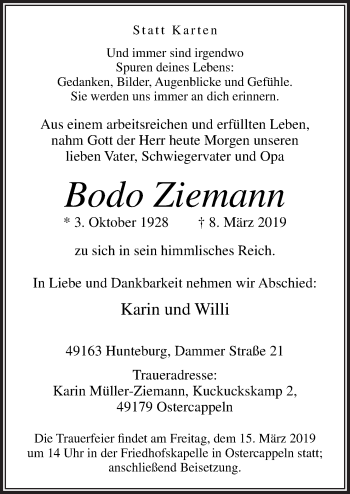 Traueranzeige von Bodo Ziemann von Neue Osnabrücker Zeitung GmbH & Co. KG