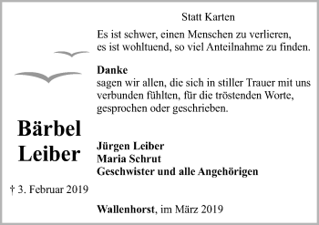 Traueranzeige von Bärbel Leiber von Neue Osnabrücker Zeitung GmbH & Co. KG