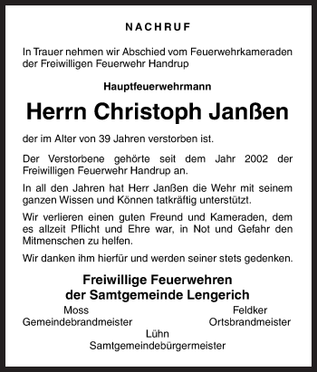 Traueranzeige von Christoph Janßen von Neue Osnabrücker Zeitung GmbH & Co. KG