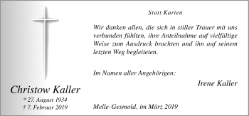 Traueranzeige von Christow Kaller von Neue Osnabrücker Zeitung GmbH & Co. KG
