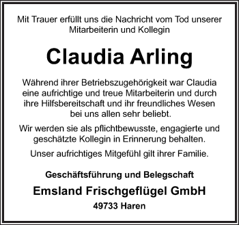 Traueranzeige von Claudia Arling von Neue Osnabrücker Zeitung GmbH & Co. KG