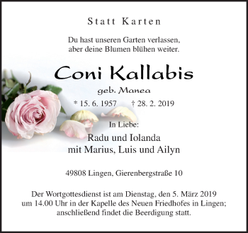 Traueranzeige von Coni Kallabis von Neue Osnabrücker Zeitung GmbH & Co. KG